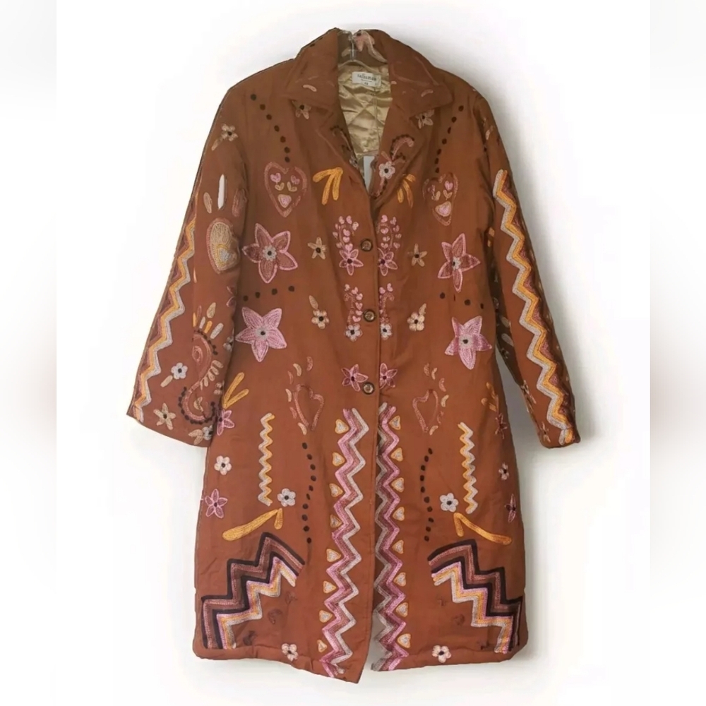 Talisman Women's Woodstock  Coat Brown Corduroy Embroidered Quilted Long Size M